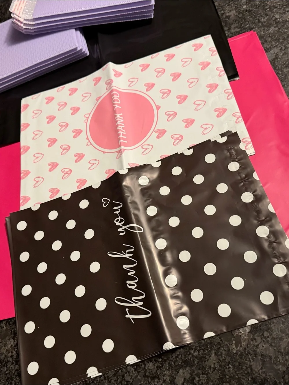 Bundle of 35 PolyMailers Assorted Sizes & Colors Hearts Dots Pink Black Purple